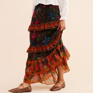 New Anthropologie x Farm Rio Tiered Gardenfly Maxi Skirt Sz XS Black